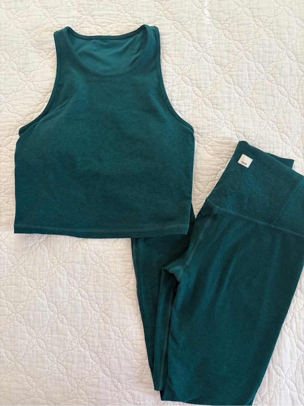 Vuori Ribbed Crop Tank & High-Waist Leggings Set - Teal Green